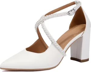Women's Chunky High Heels with Pearl Closed Toe Cross Strap Pumps Dress Shoes