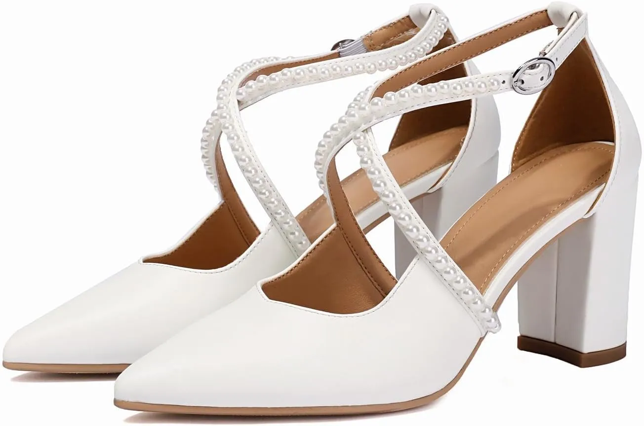 Women's Chunky High Heels with Pearl Closed Toe Cross Strap Pumps Dress Shoes