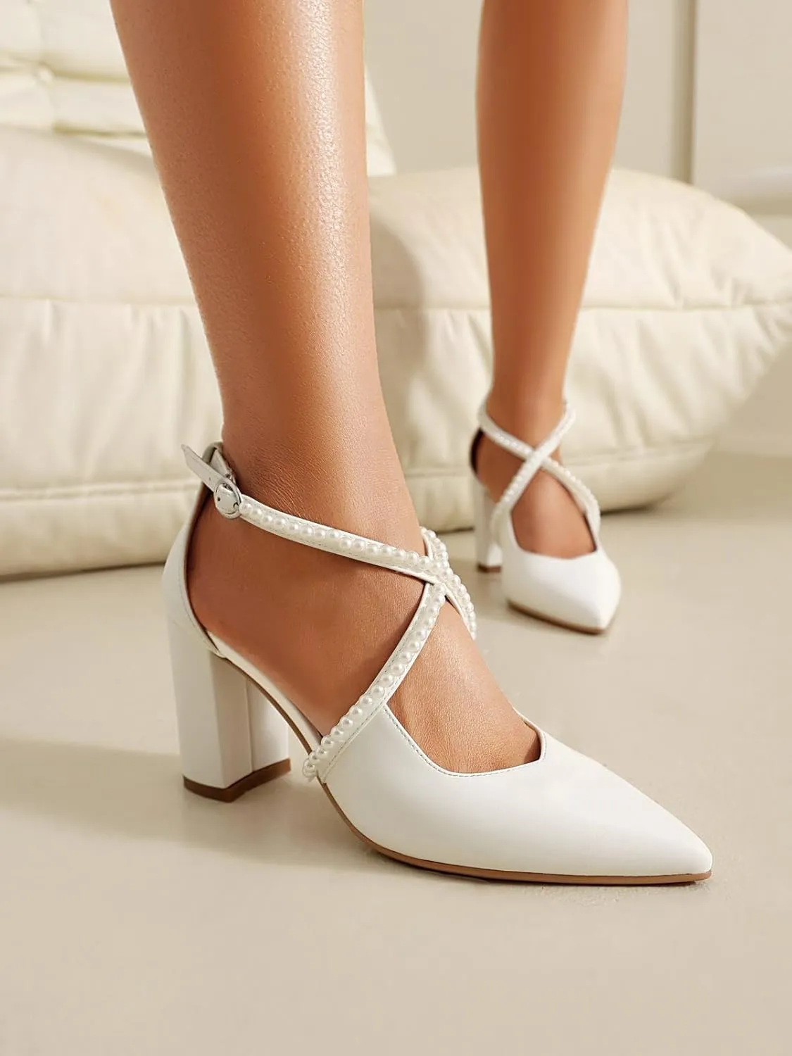 Women's Chunky High Heels with Pearl Closed Toe Cross Strap Pumps Dress Shoes
