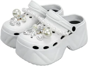 Women's Clogs Fashion Big Pearl Chain Thick Sole Slippers Women Faux Leather Clogs Outdoor Sandals