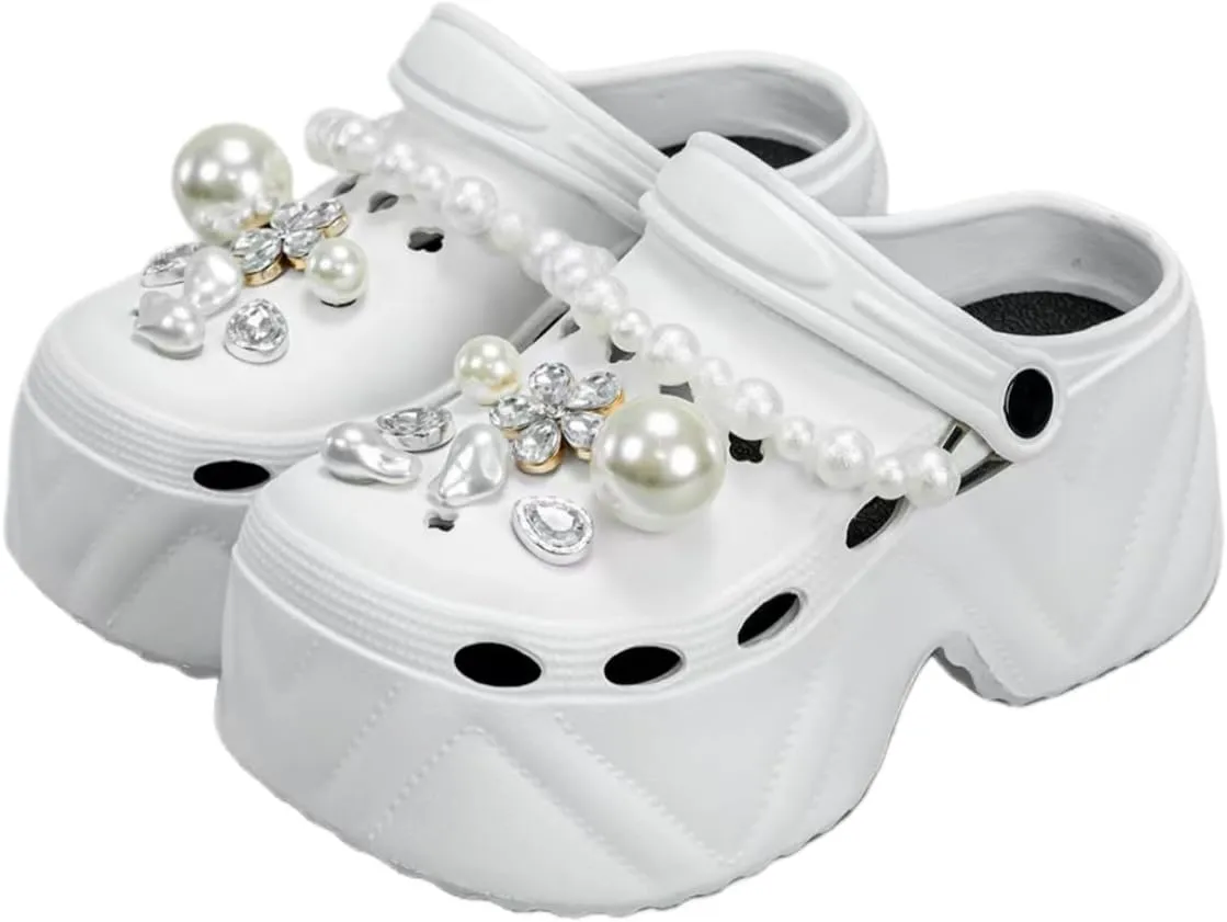 Women's Clogs Fashion Big Pearl Chain Thick Sole Slippers Women Faux Leather Clogs Outdoor Sandals