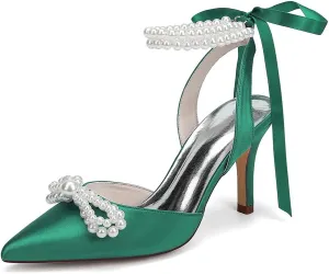 Women's Closed Toe Pearl Heels with Bow Wedding Shoes for Bride High Heels Bridal Shoes Slingback Satin Heels Pumps