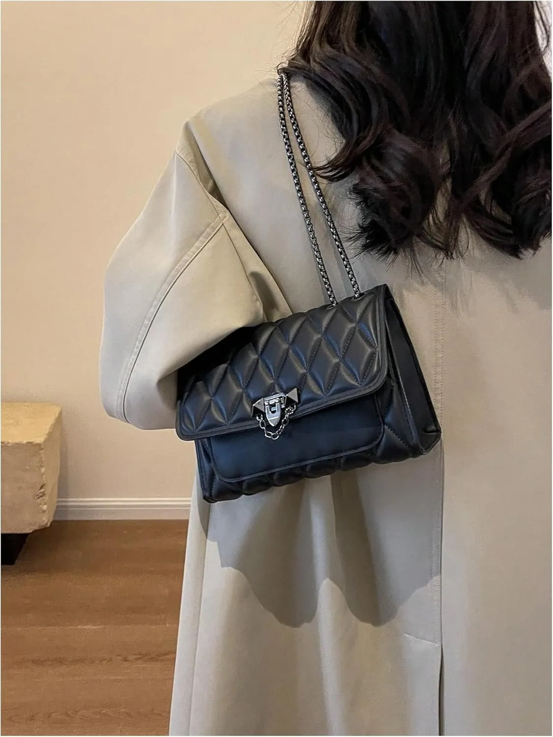 Women's Diamond Lattice Flap Square Underarm Bag Elegant Chain Strap Shoulder Handbag Hobo Purse