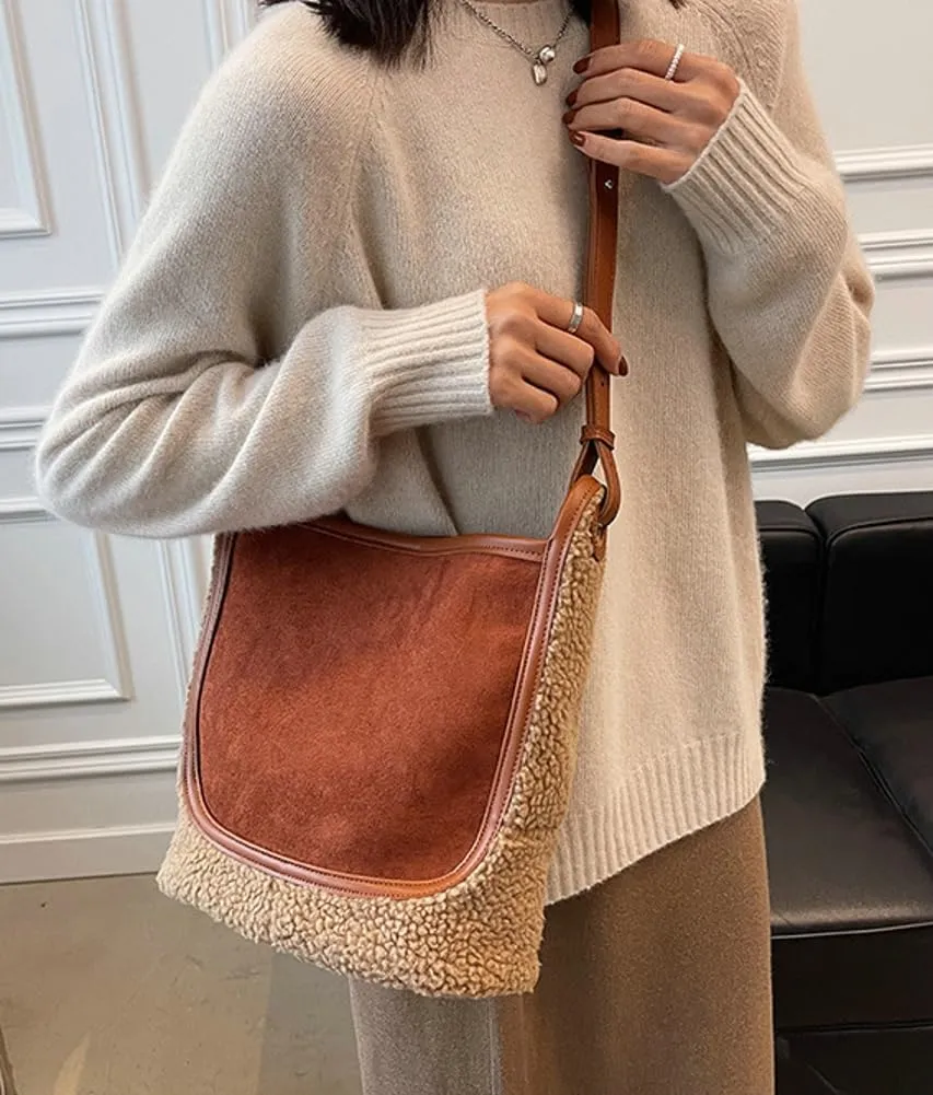 Womens Fashion Vegan Leather Bucket Tote Bag Large Suede Shoulder Crossbody Purse Faux Fur Handbag Satchel 2pcs