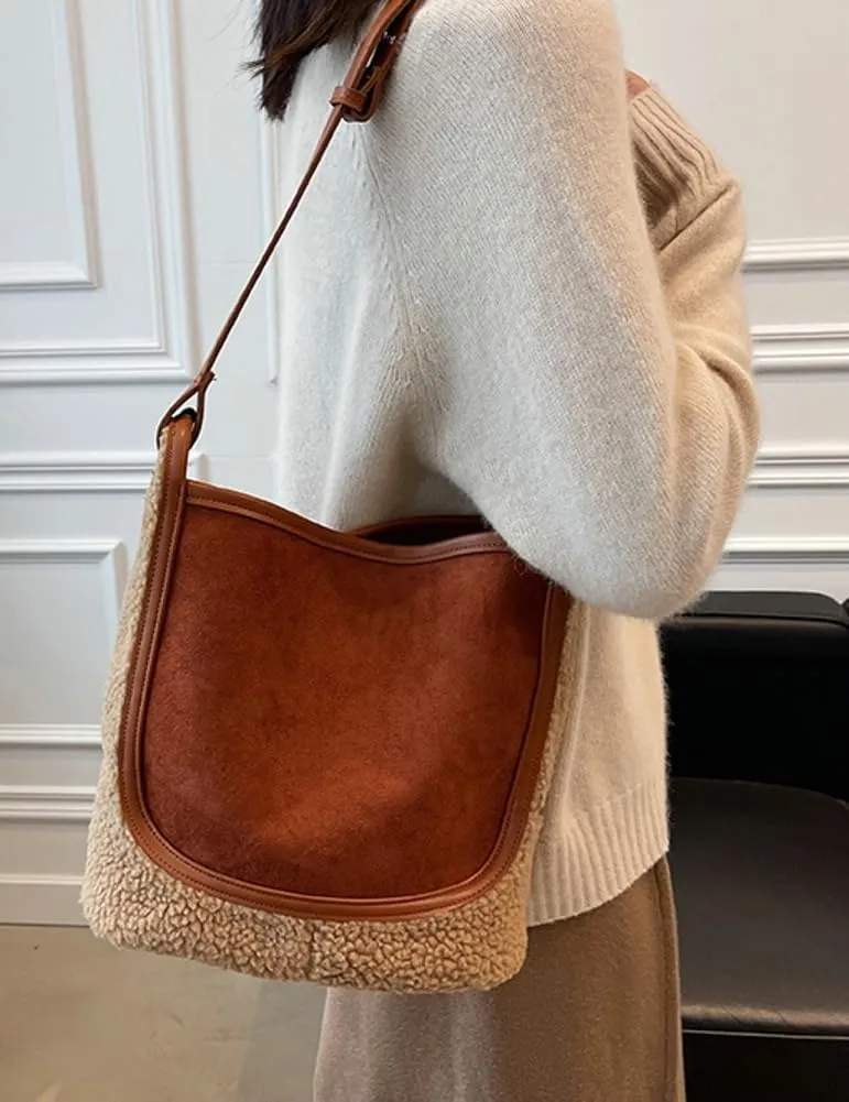 Womens Fashion Vegan Leather Bucket Tote Bag Large Suede Shoulder Crossbody Purse Faux Fur Handbag Satchel 2pcs