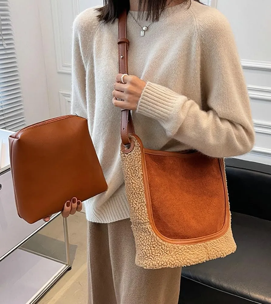 Womens Fashion Vegan Leather Bucket Tote Bag Large Suede Shoulder Crossbody Purse Faux Fur Handbag Satchel 2pcs