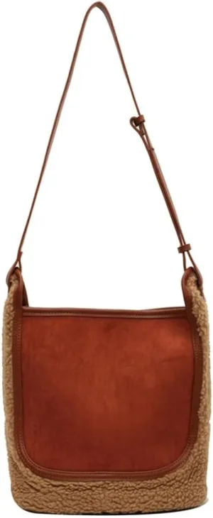 Womens Fashion Vegan Leather Bucket Tote Bag Large Suede Shoulder Crossbody Purse Faux Fur Handbag Satchel 2pcs