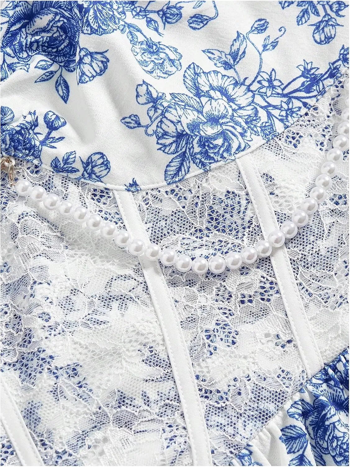 Women's Floral Print Cami Dress Lace Sleeveless Pearl Chain Ruched Bust Boho Ruffle Hem Short Bustier Dresses
