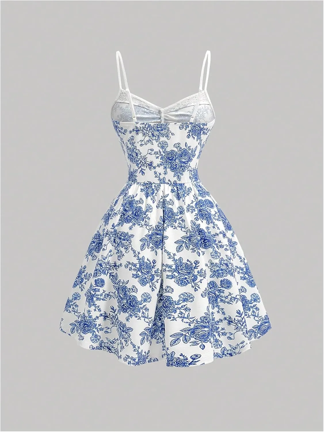 Women's Floral Print Cami Dress Lace Sleeveless Pearl Chain Ruched Bust Boho Ruffle Hem Short Bustier Dresses