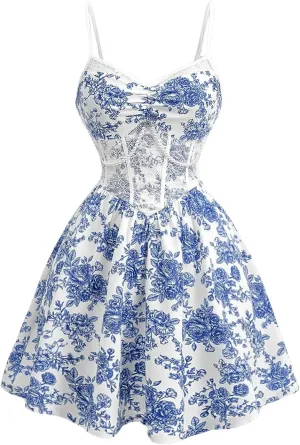 Women's Floral Print Cami Dress Lace Sleeveless Pearl Chain Ruched Bust Boho Ruffle Hem Short Bustier Dresses
