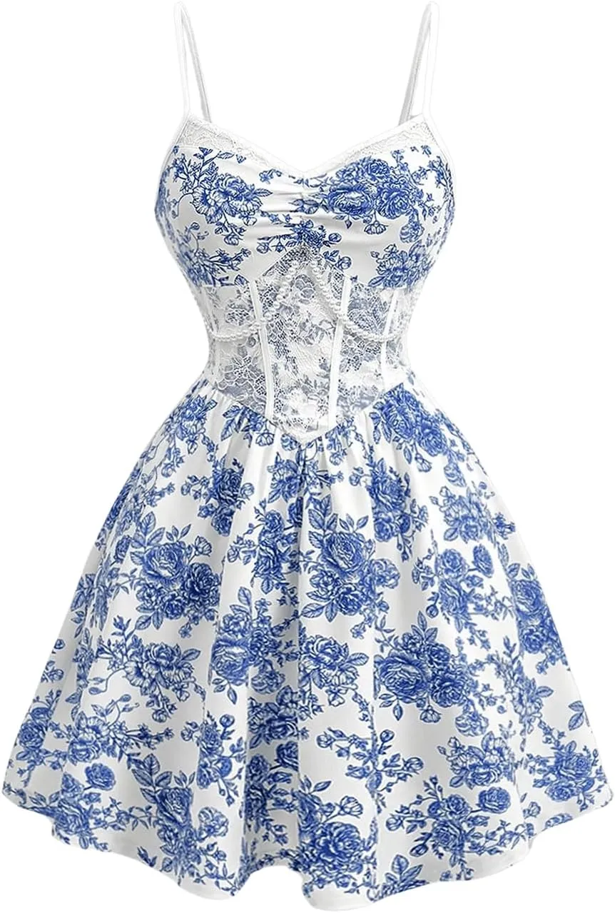 Women's Floral Print Cami Dress Lace Sleeveless Pearl Chain Ruched Bust Boho Ruffle Hem Short Bustier Dresses