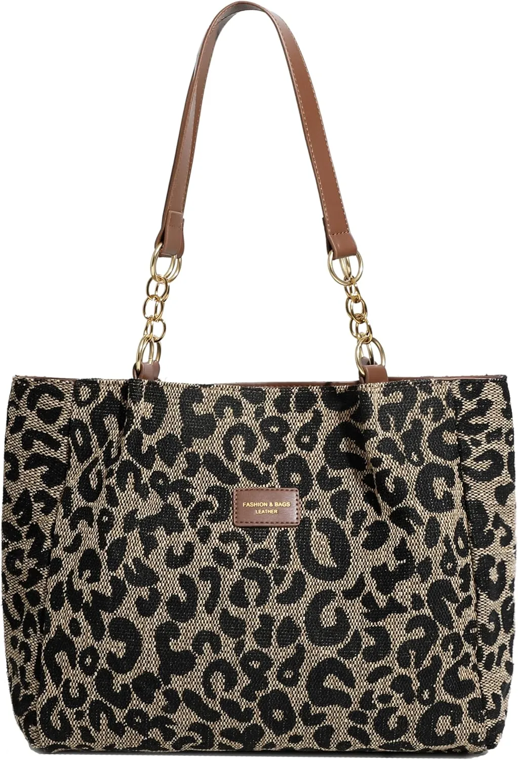 Women's Large Canvas Cheetah Leopard Print Work Travel Chain Tote Shoulder Bag