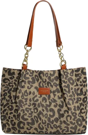 Women's Large Canvas Cheetah Leopard Print Work Travel Chain Tote Shoulder Bag