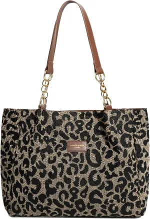 Women's Large Canvas Cheetah Leopard Print Work Travel Chain Tote Shoulder Bag