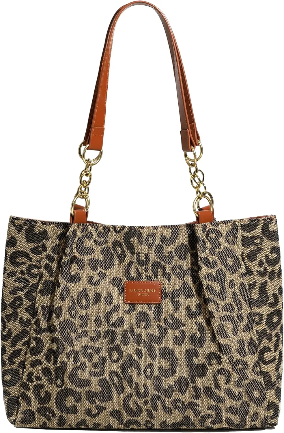 Women's Large Canvas Cheetah Leopard Print Work Travel Chain Tote Shoulder Bag