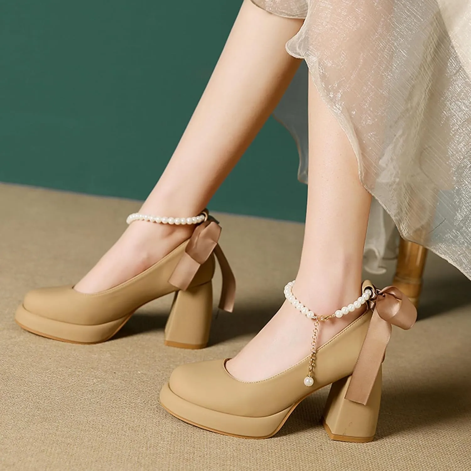 Women's Leather Chunky High Heel Pearl Chain Ankle Strap Pumps Round Closed Toe Platform Elegant Mary Jane Dress Shoes Wedding Party Evening Shoes