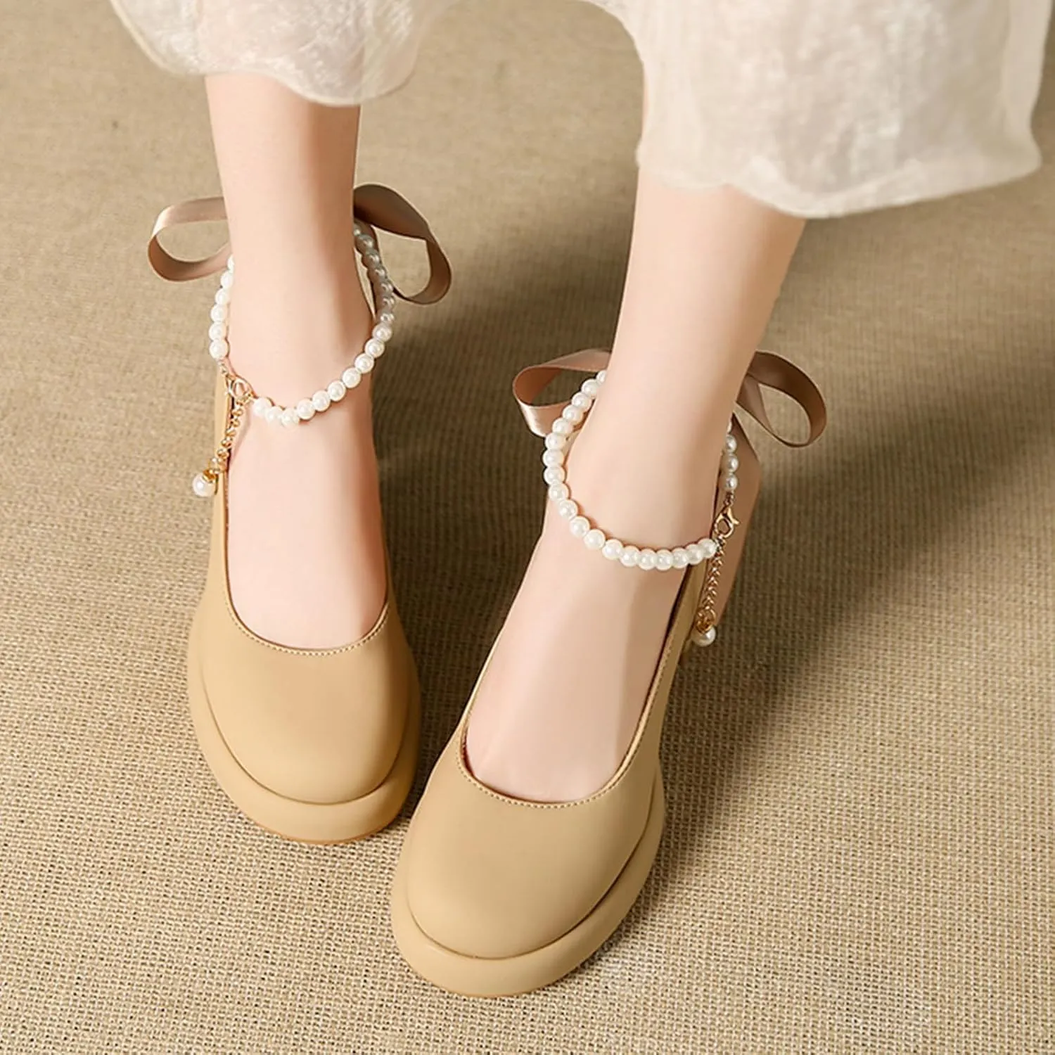 Women's Leather Chunky High Heel Pearl Chain Ankle Strap Pumps Round Closed Toe Platform Elegant Mary Jane Dress Shoes Wedding Party Evening Shoes