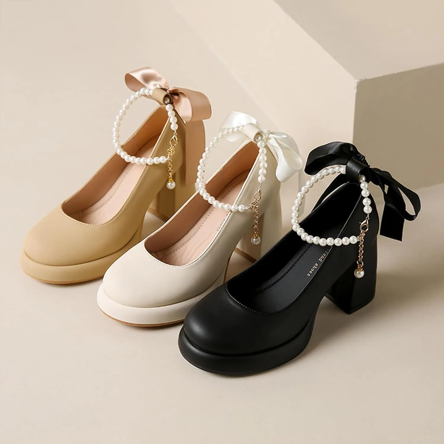 Women's Leather Chunky High Heel Pearl Chain Ankle Strap Pumps Round Closed Toe Platform Elegant Mary Jane Dress Shoes Wedding Party Evening Shoes