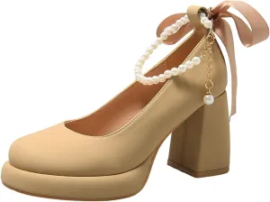 Women's Leather Chunky High Heel Pearl Chain Ankle Strap Pumps Round Closed Toe Platform Elegant Mary Jane Dress Shoes Wedding Party Evening Shoes