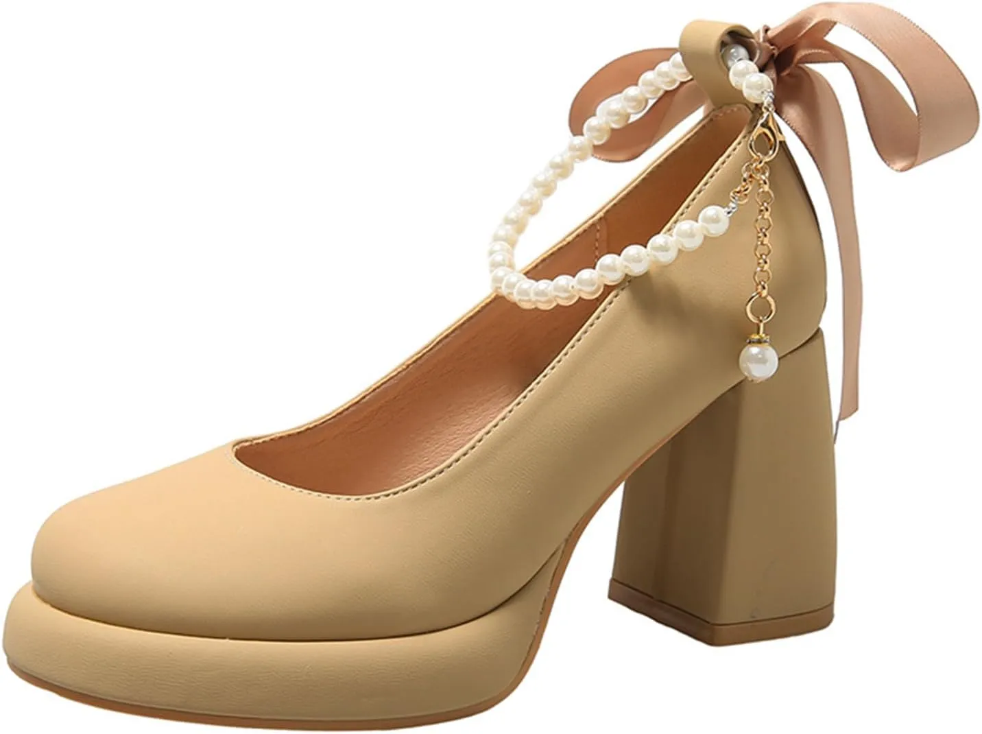 Women's Leather Chunky High Heel Pearl Chain Ankle Strap Pumps Round Closed Toe Platform Elegant Mary Jane Dress Shoes Wedding Party Evening Shoes