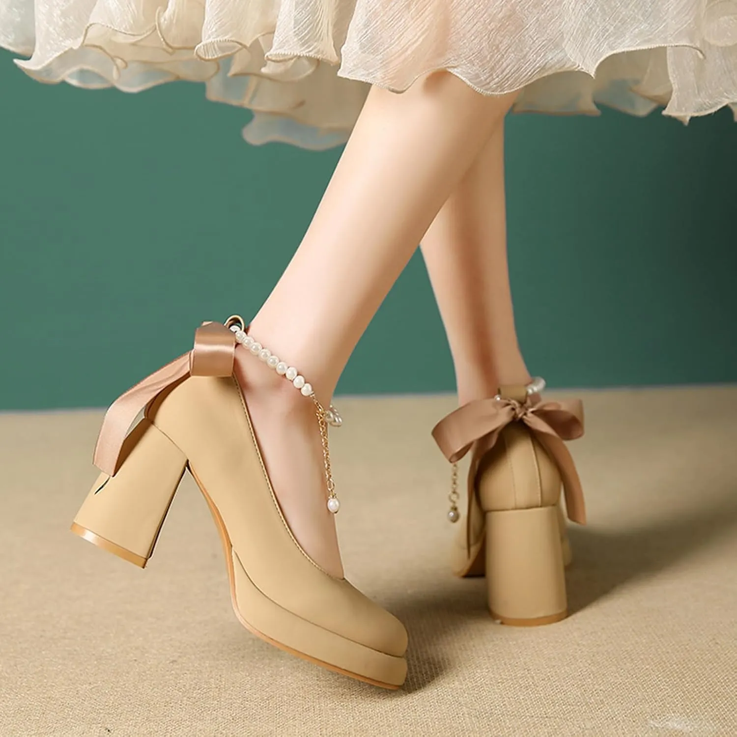 Women's Leather Chunky High Heel Pearl Chain Ankle Strap Pumps Round Closed Toe Platform Elegant Mary Jane Dress Shoes Wedding Party Evening Shoes
