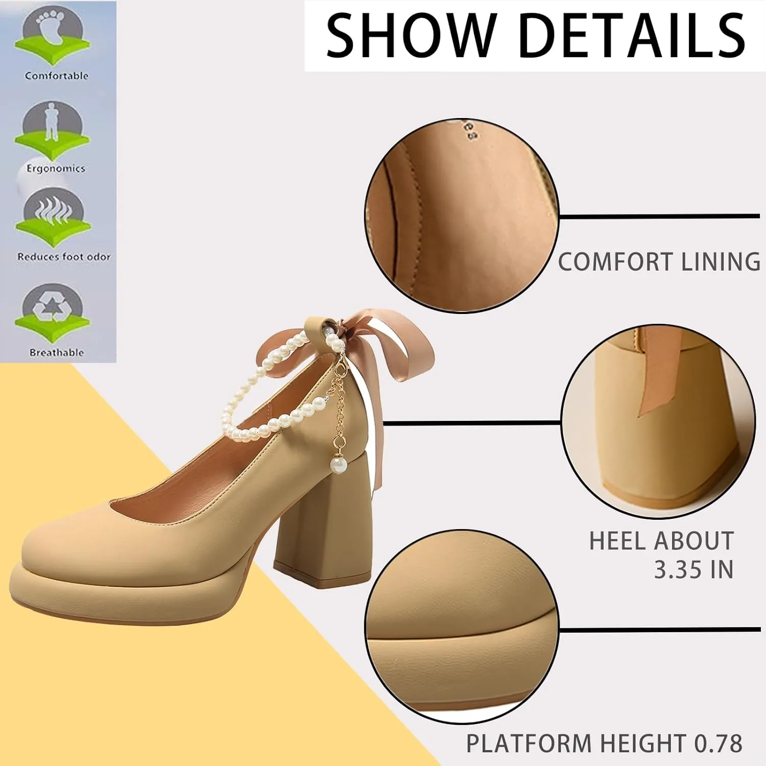 Women's Leather Chunky High Heel Pearl Chain Ankle Strap Pumps Round Closed Toe Platform Elegant Mary Jane Dress Shoes Wedding Party Evening Shoes