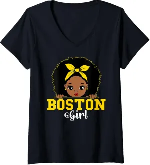 Womens MA Boston Black Girl Afro for Boston Women Girls Sisters V-Neck T-Shirt