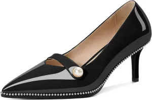 Women's Mid Stiletto Heels Low Kitten Heels Closed Pointey Toe Pumps Slip-on with Pearl Sliver Beads Pumps Ladies Work Office Dress Shoes 2.5 Inches