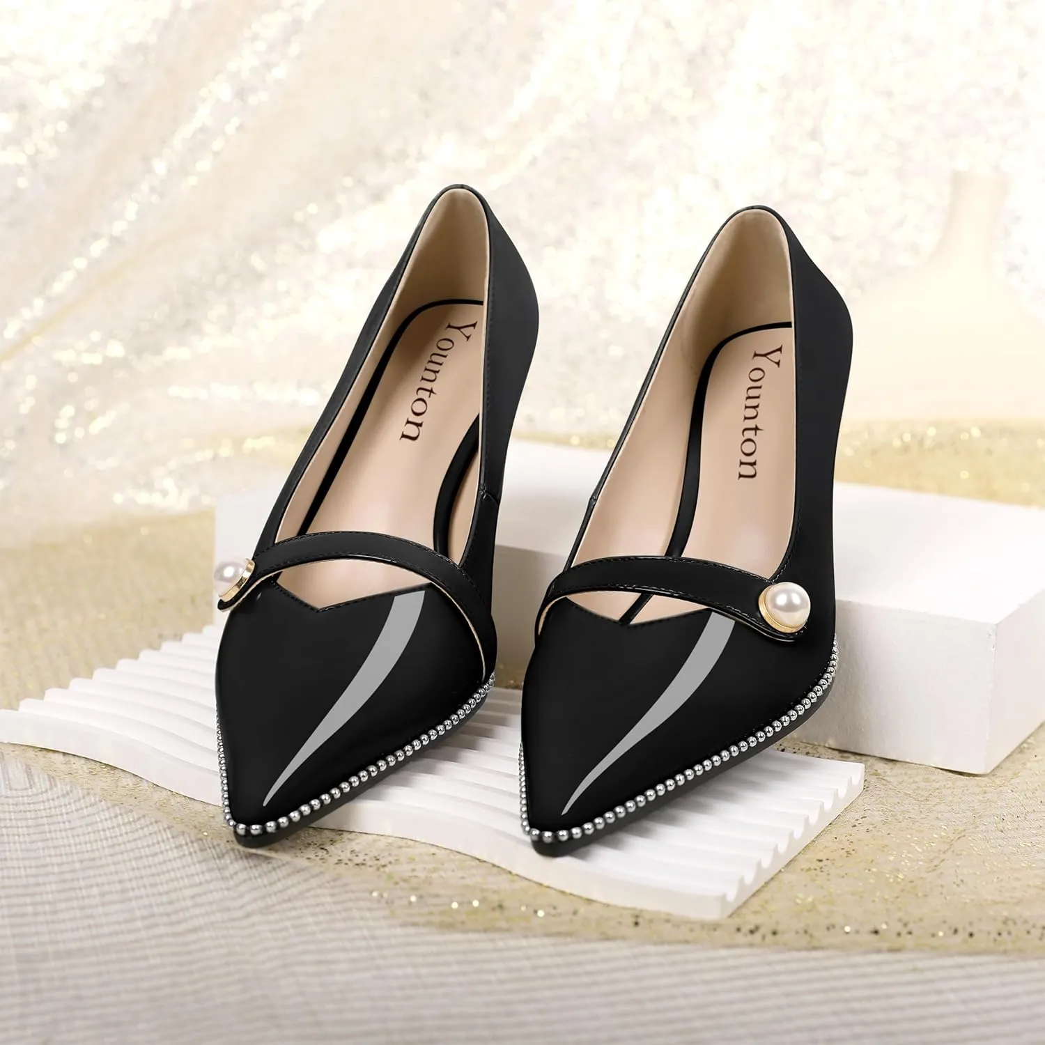 Women's Mid Stiletto Heels Low Kitten Heels Closed Pointey Toe Pumps Slip-on with Pearl Sliver Beads Pumps Ladies Work Office Dress Shoes 2.5 Inches