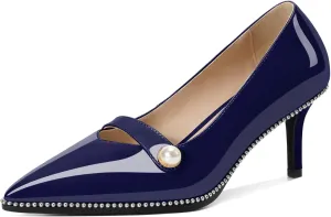 Women's Mid Stiletto Heels Low Kitten Heels Closed Pointey Toe Pumps Slip-on with Pearl Sliver Beads Pumps Ladies Work Office Dress Shoes 2.5 Inches