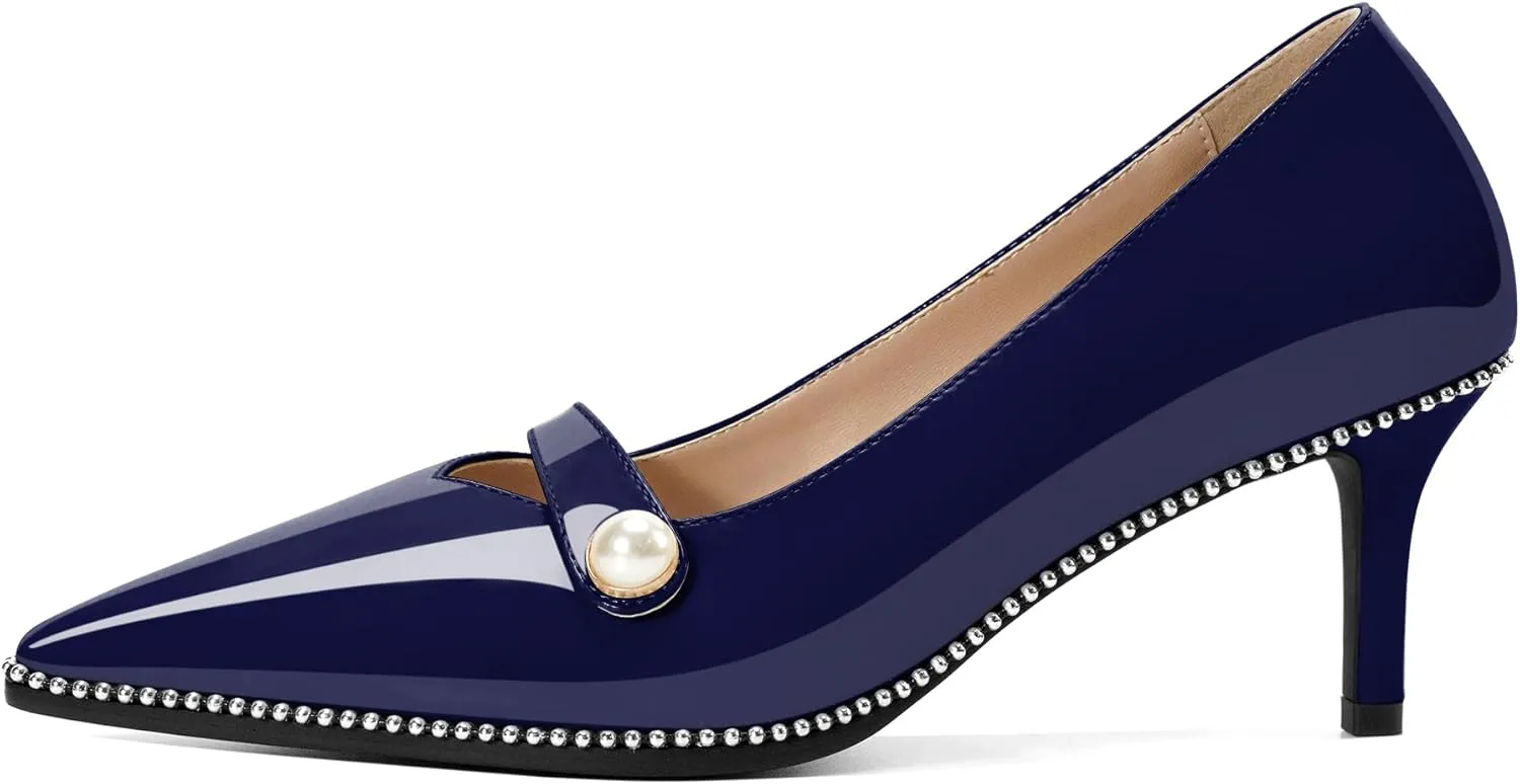 Women's Mid Stiletto Heels Low Kitten Heels Closed Pointey Toe Pumps Slip-on with Pearl Sliver Beads Pumps Ladies Work Office Dress Shoes 2.5 Inches