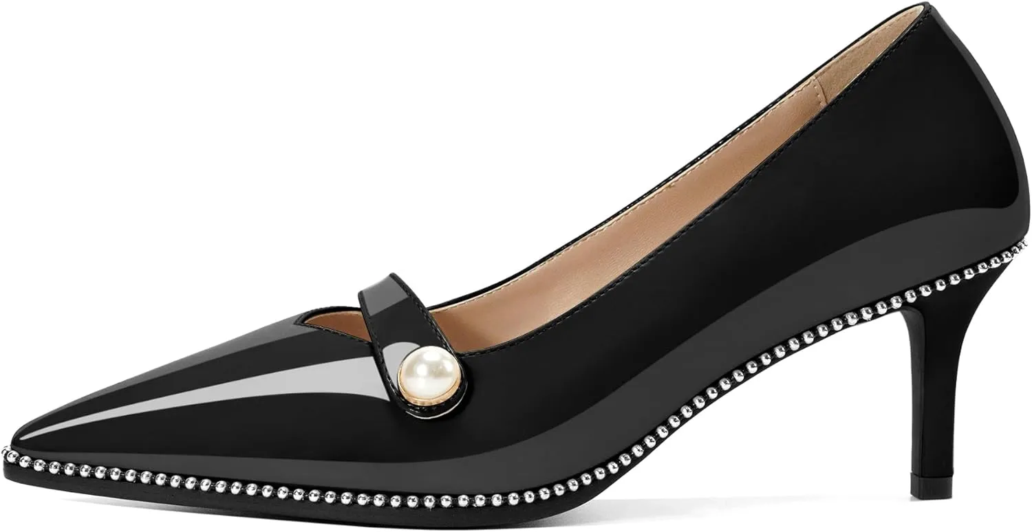 Women's Mid Stiletto Heels Low Kitten Heels Closed Pointey Toe Pumps Slip-on with Pearl Sliver Beads Pumps Ladies Work Office Dress Shoes 2.5 Inches