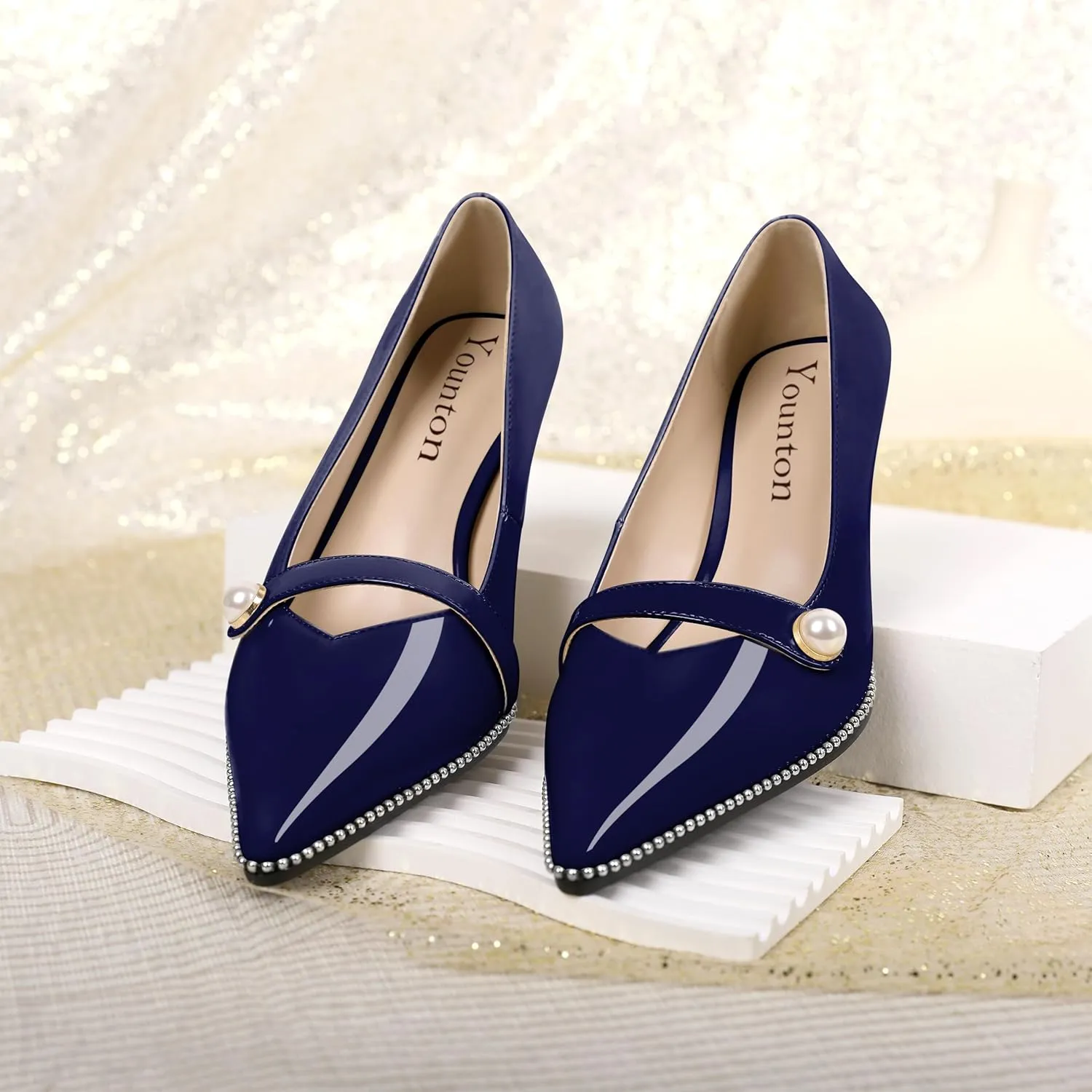 Women's Mid Stiletto Heels Low Kitten Heels Closed Pointey Toe Pumps Slip-on with Pearl Sliver Beads Pumps Ladies Work Office Dress Shoes 2.5 Inches