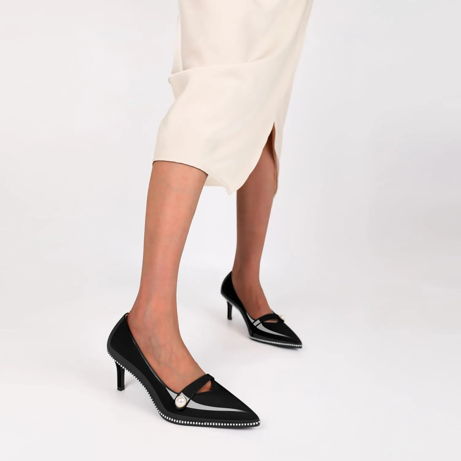 Women's Mid Stiletto Heels Low Kitten Heels Closed Pointey Toe Pumps Slip-on with Pearl Sliver Beads Pumps Ladies Work Office Dress Shoes 2.5 Inches
