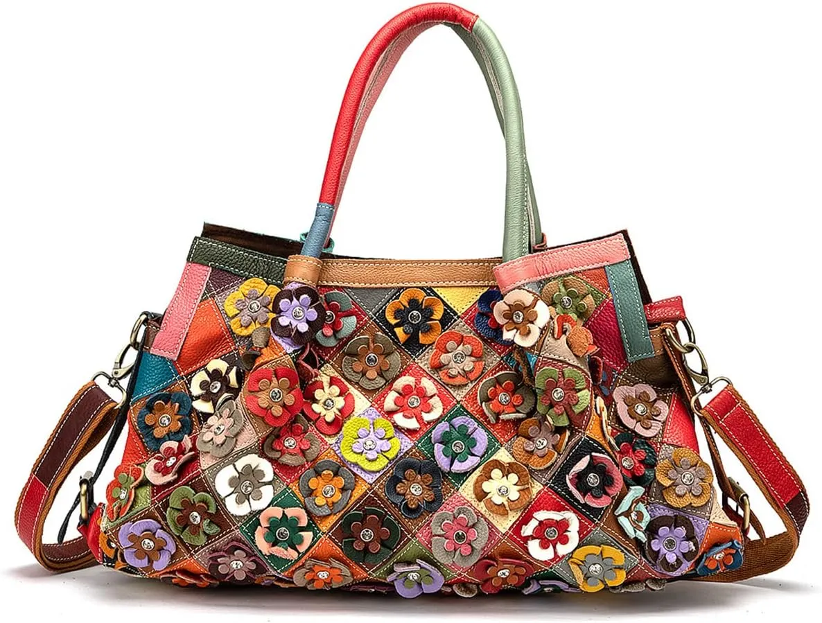 Women’s Multicolor Boston Bag Genuine Leather Colorful Large Tote Handbag Purse