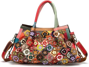 Women’s Multicolor Boston Bag Genuine Leather Colorful Large Tote Handbag Purse
