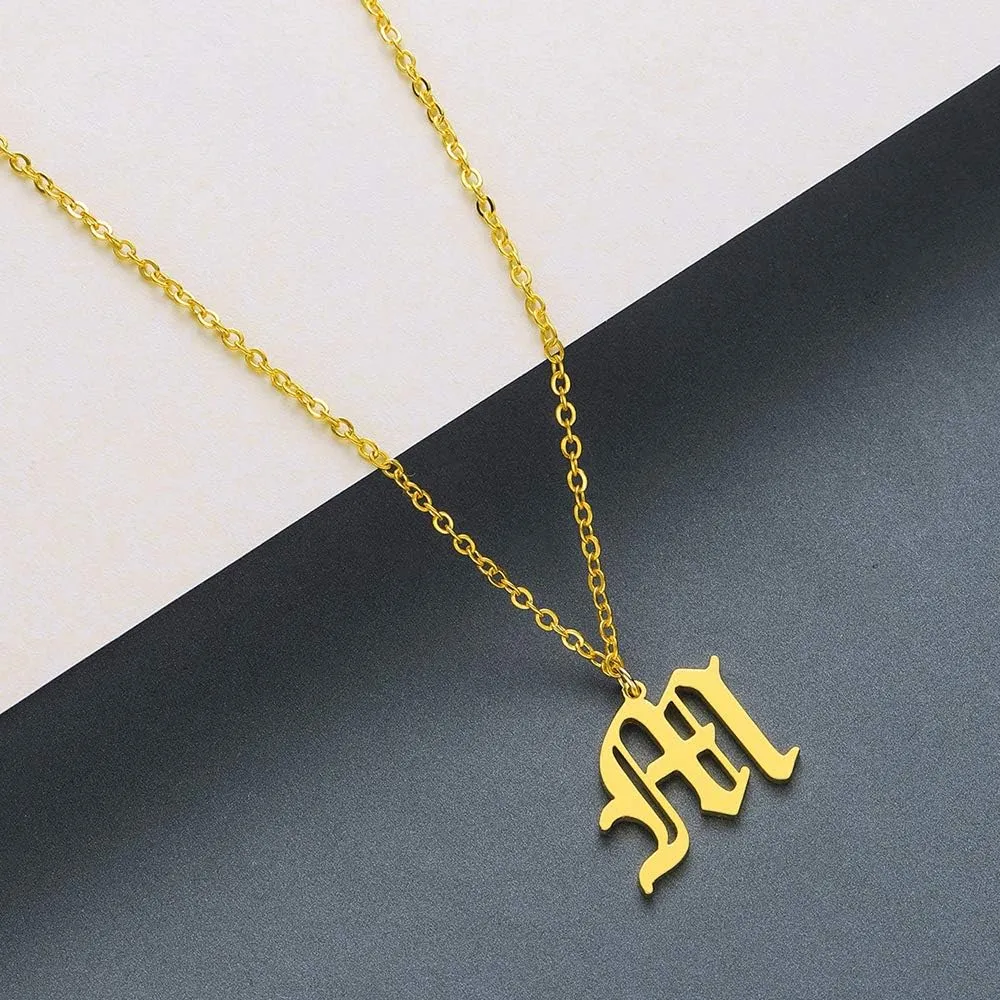 Women's Old English Initial Necklace 18K Gold Plated Stainless Steel Letter Pendant Gift