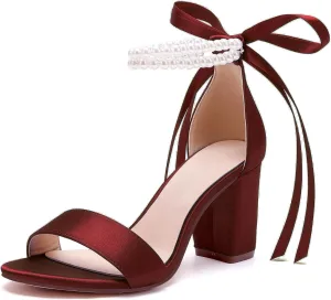 Women's Open Toe Pearl Wedding Shoes for Bride High Heels Sandals Satin Bridal Block Chunky Heels Ankle Strap Prom Evening Party Pumps