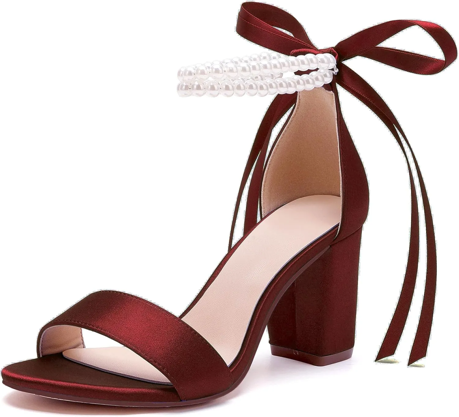 Women's Open Toe Pearl Wedding Shoes for Bride High Heels Sandals Satin Bridal Block Chunky Heels Ankle Strap Prom Evening Party Pumps