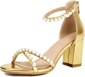 Women's Pearl Heels 3 Inch Chunky Block Heels Ankle Strap Wedding Party Prom Dressy Sandals with Back Zipper