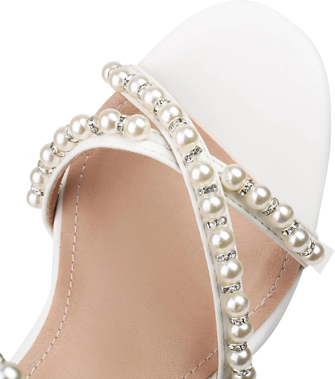Women's Pearl Heels 3 Inch Chunky Block Heels Ankle Strap Wedding Party Prom Dressy Sandals with Back Zipper