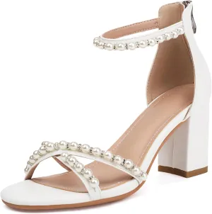 Women's Pearl Heels 3 Inch Chunky Block Heels Ankle Strap Wedding Party Prom Dressy Sandals with Back Zipper