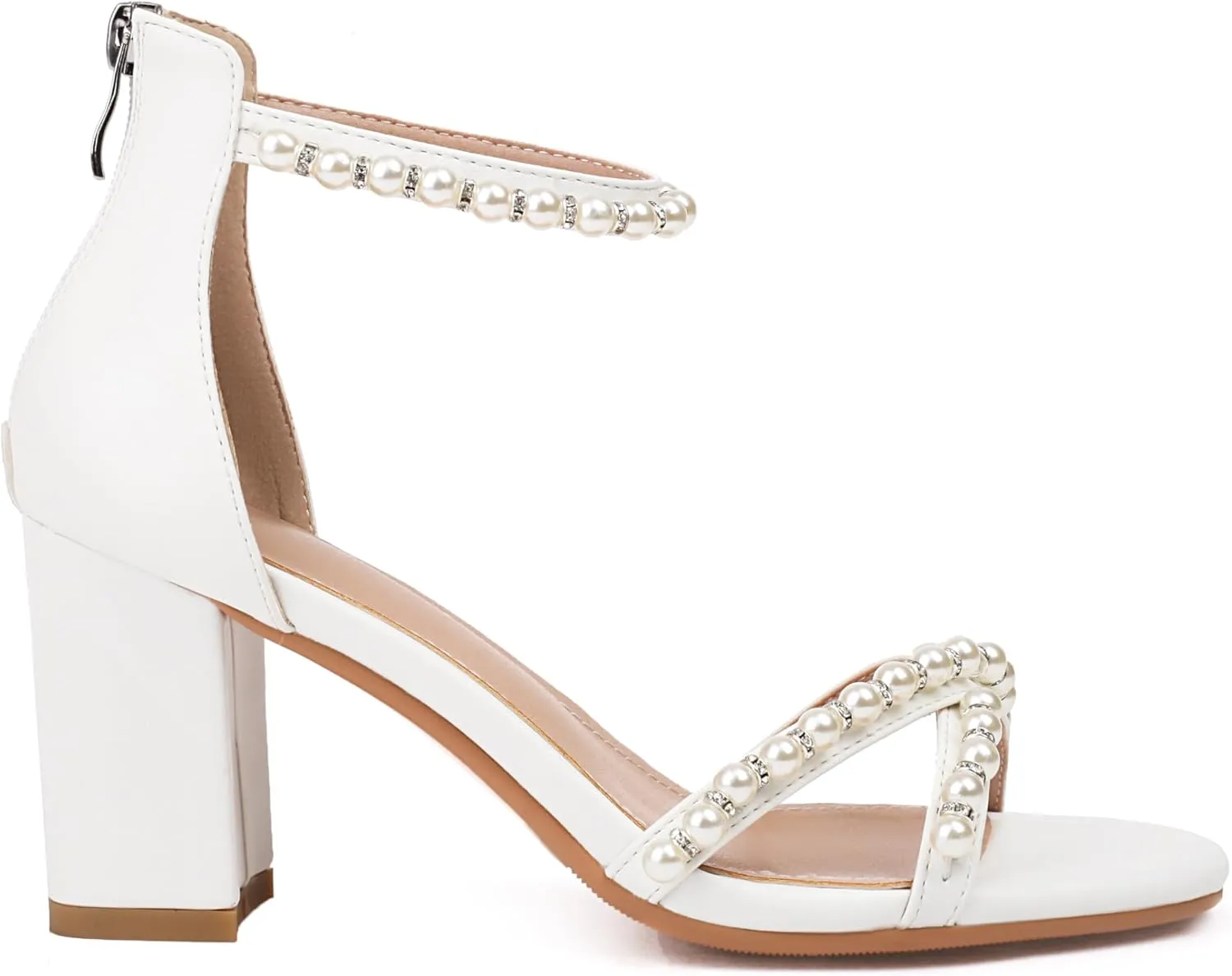 Women's Pearl Heels 3 Inch Chunky Block Heels Ankle Strap Wedding Party Prom Dressy Sandals with Back Zipper