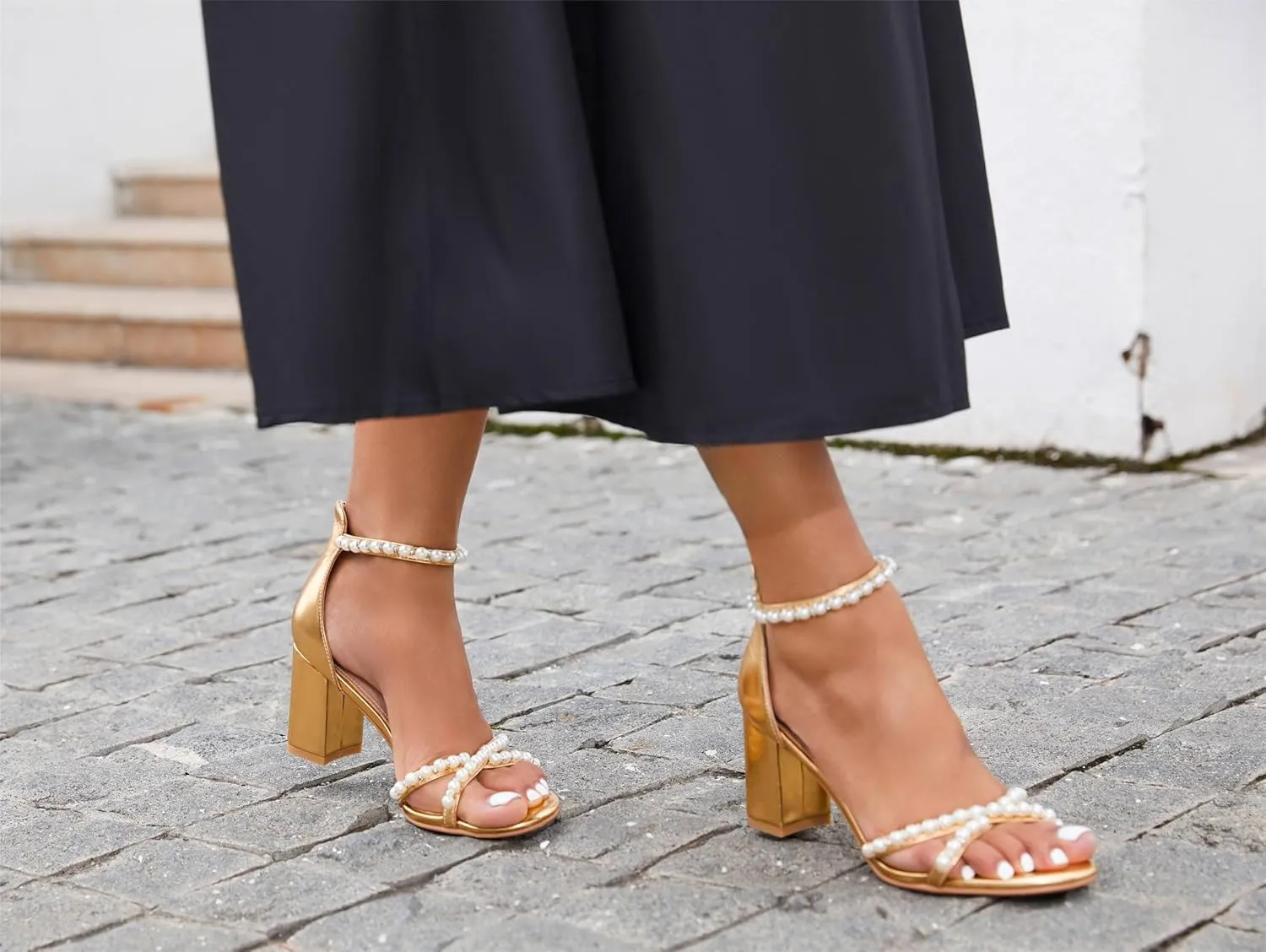 Women's Pearl Heels 3 Inch Chunky Block Heels Ankle Strap Wedding Party Prom Dressy Sandals with Back Zipper