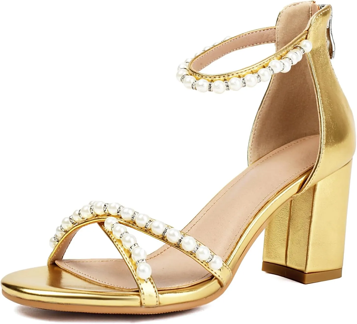 Women's Pearl Heels 3 Inch Chunky Block Heels Ankle Strap Wedding Party Prom Dressy Sandals with Back Zipper