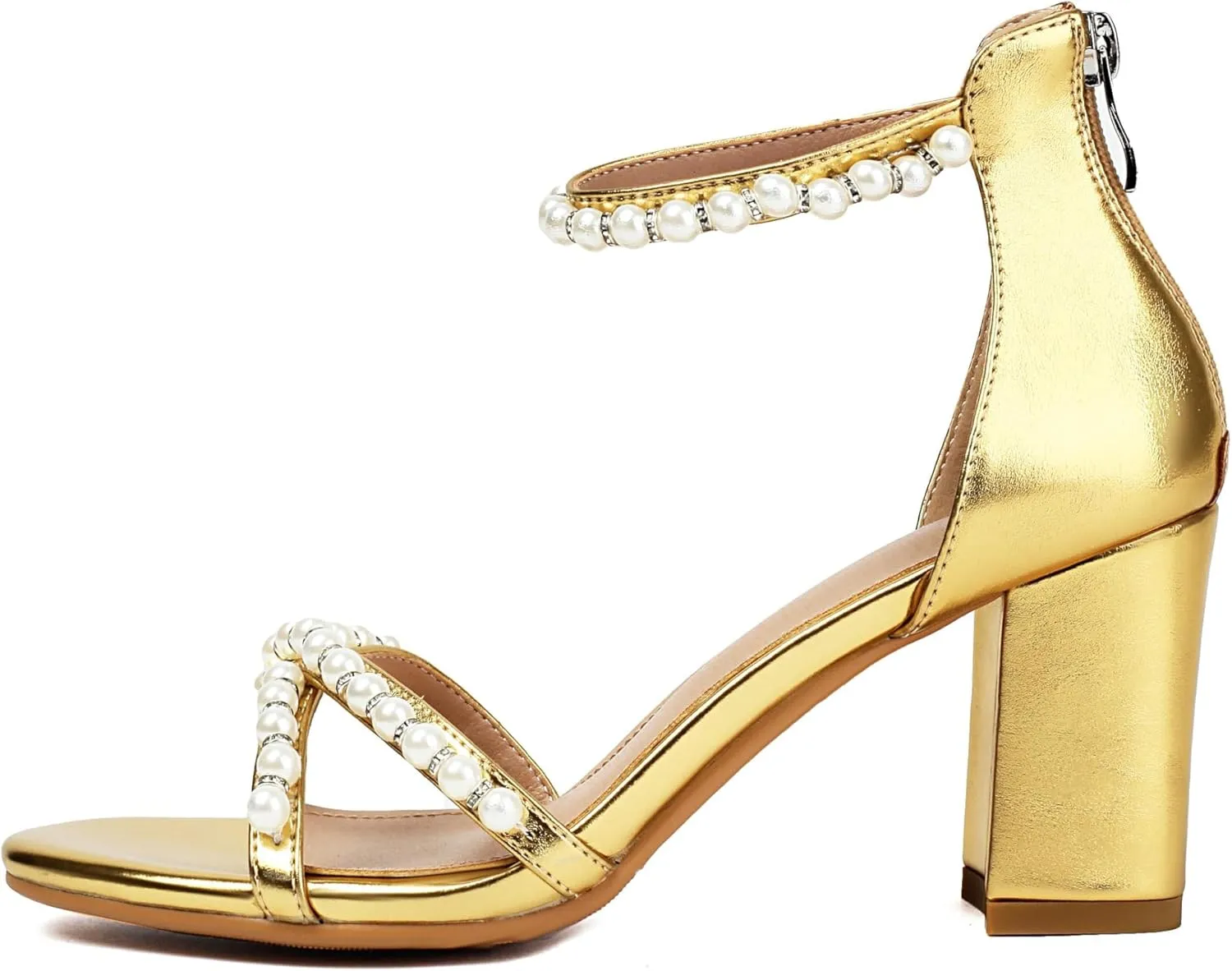 Women's Pearl Heels 3 Inch Chunky Block Heels Ankle Strap Wedding Party Prom Dressy Sandals with Back Zipper