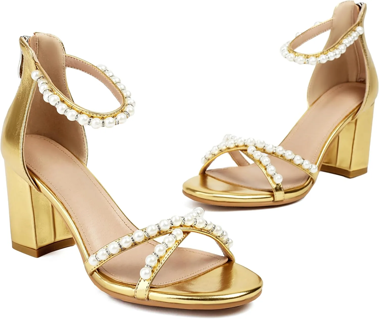 Women's Pearl Heels 3 Inch Chunky Block Heels Ankle Strap Wedding Party Prom Dressy Sandals with Back Zipper