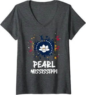 Womens Pearl Mississippi MS Magnolia Flag Trip Vacation Souvenir V-Neck T-Shirt