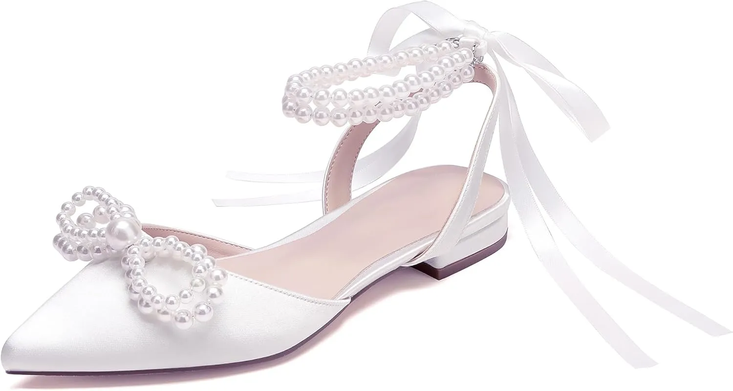Women's Pearls Closed Toe Chunky Low Block Heel Ankle Strap Heeled Sandals Wedding Dress Shoes Pumps