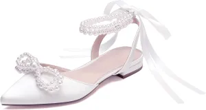 Women's Pearls Closed Toe Chunky Low Block Heel Ankle Strap Heeled Sandals Wedding Dress Shoes Pumps